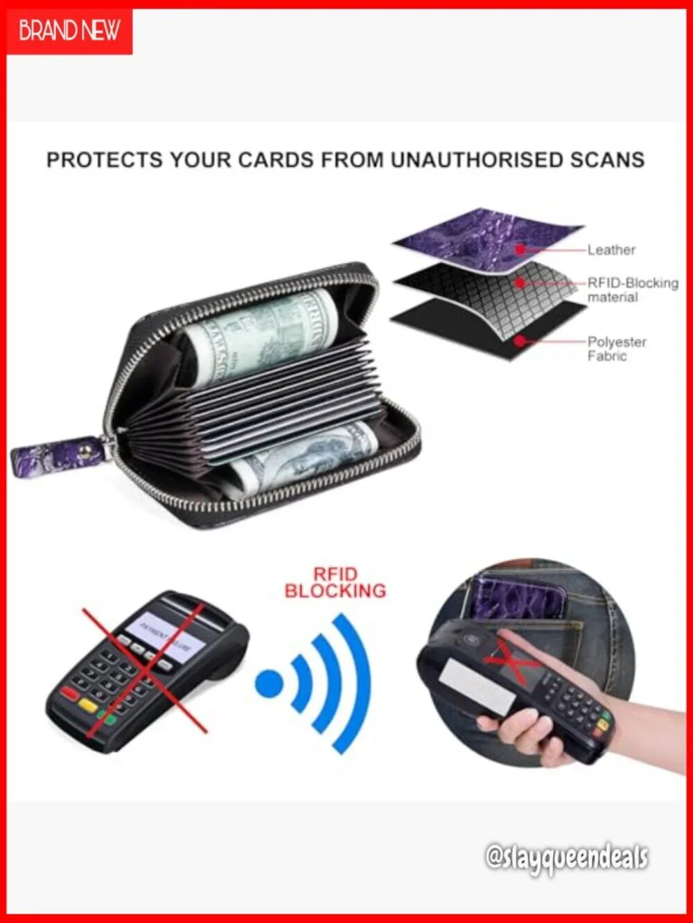 RFID Blocking Zipper Card Case Wallet, 9 Slots Accordion Organizer, PU Leather